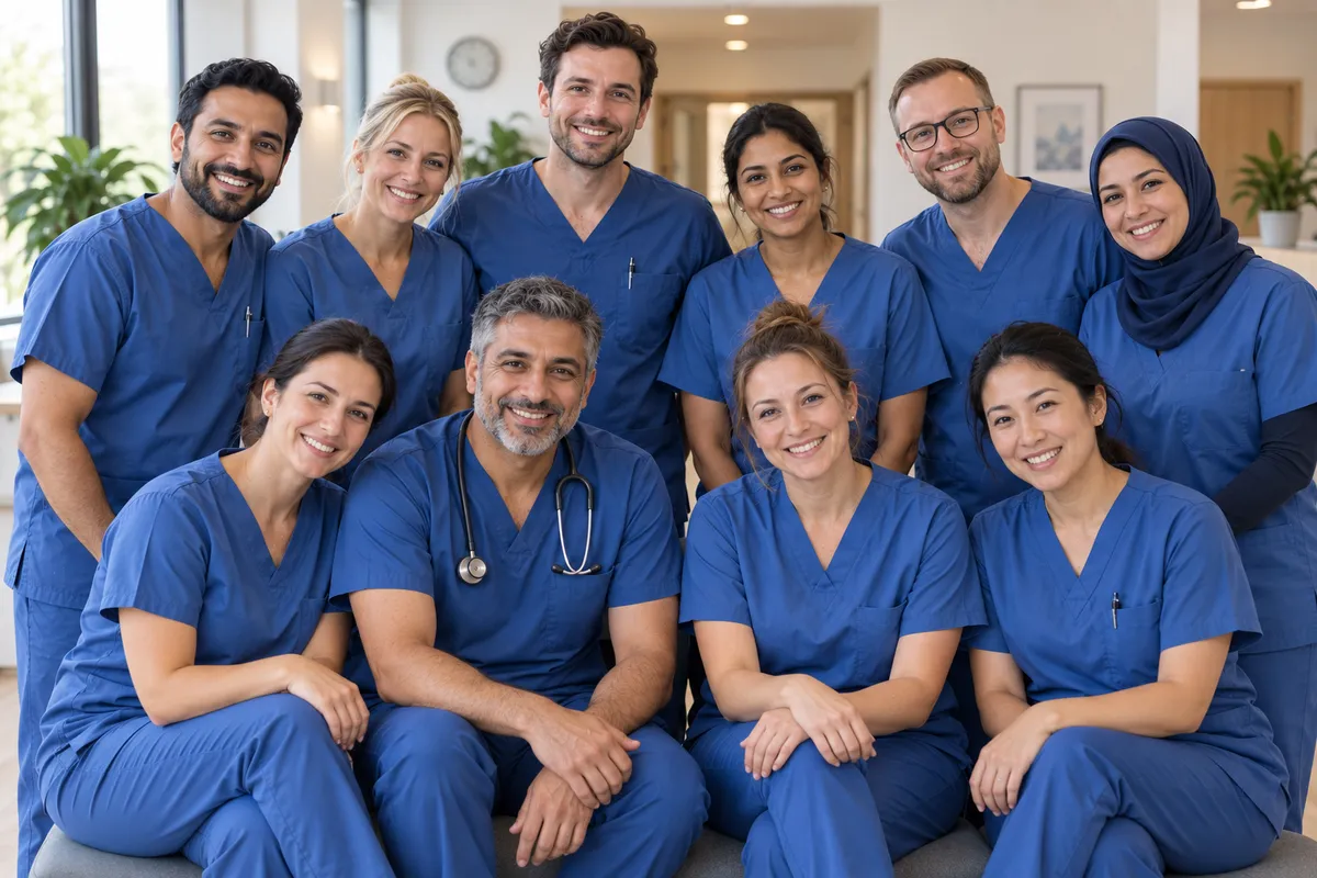 Group of Rideau Home Care caregivers in blue scrubs
